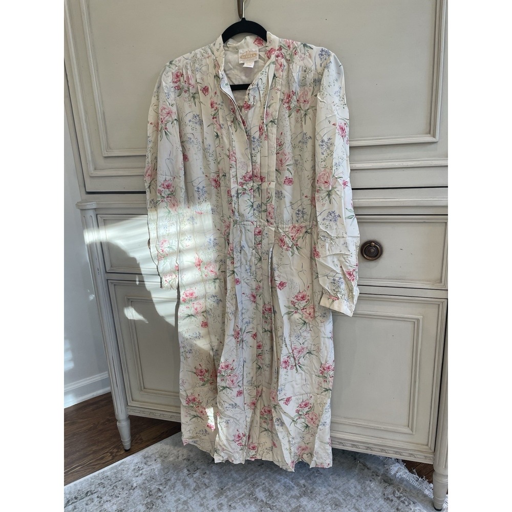 Sidha Vintage 80s Beige Floral Silk Long Sleeve Dress Size 8 Lined Lightweight